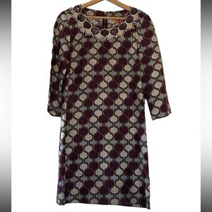 Tory Burch Silk Printed Dress Beaded Neck Size 8